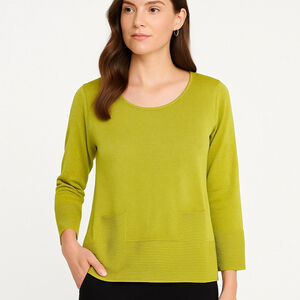 De Zeroo Collection Chartreuse Ribbed Hem Sweater 3/4 sleeve Metallic Thread, S